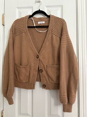 NAADAM Camel Rib-Detail V-Neck Button Cardigan Sweater